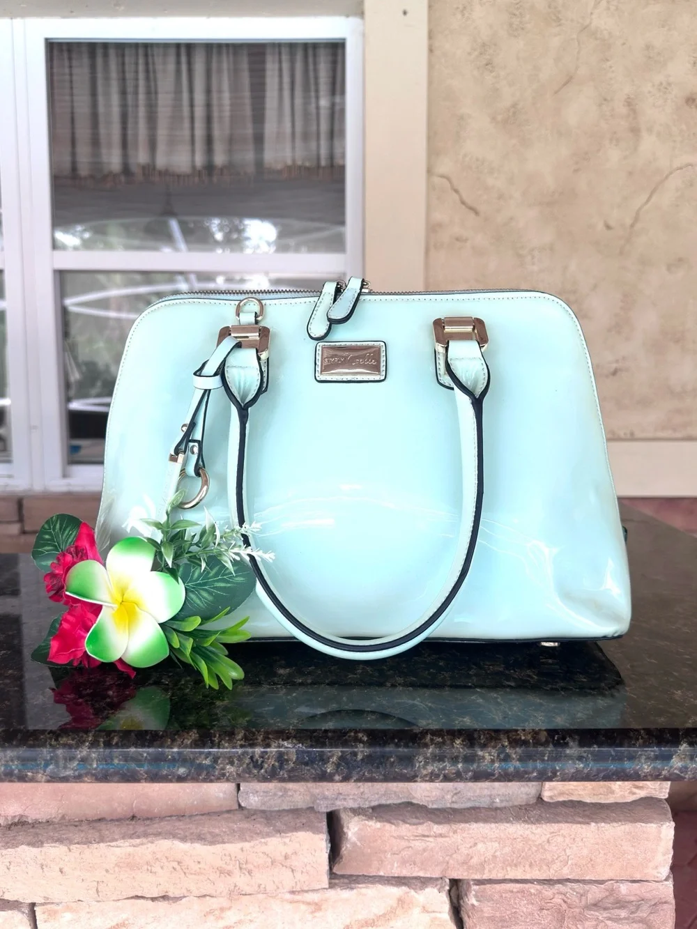 SIMPLY NOELLE ~ Mint Green Patent Sheen Dome Satchel w/Paisley Print Interior
